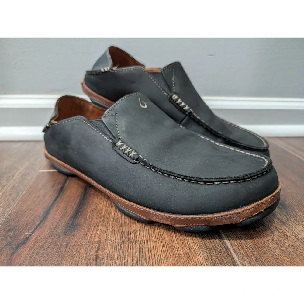 OluKai Mens Moloā Leather Slip On Shoes Black Toffee Size 11.5 Nubuck Drop Heel